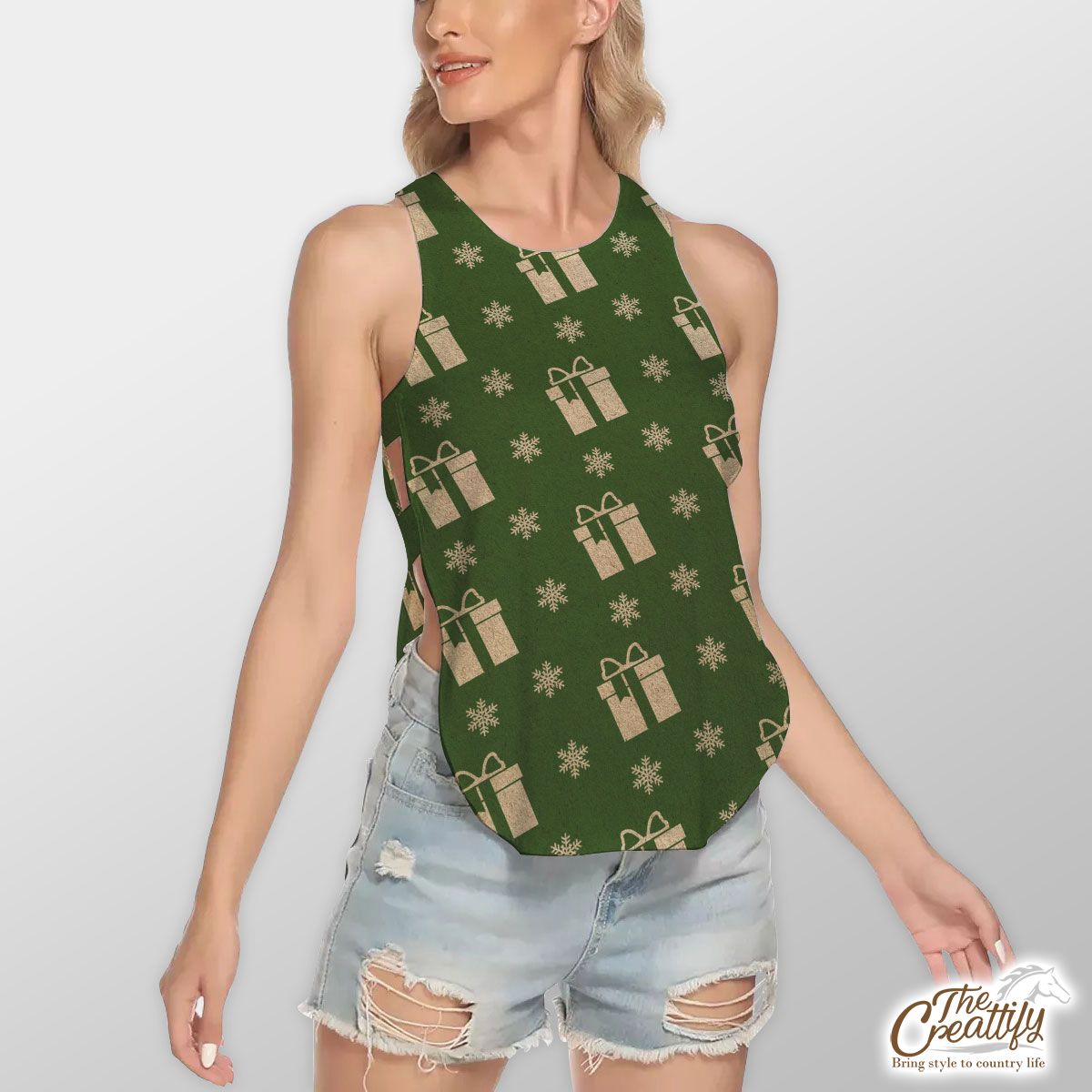 Christmas Presents And Snowflakes Seamless Pattern Green Background Waist Hollow Yoga Vest