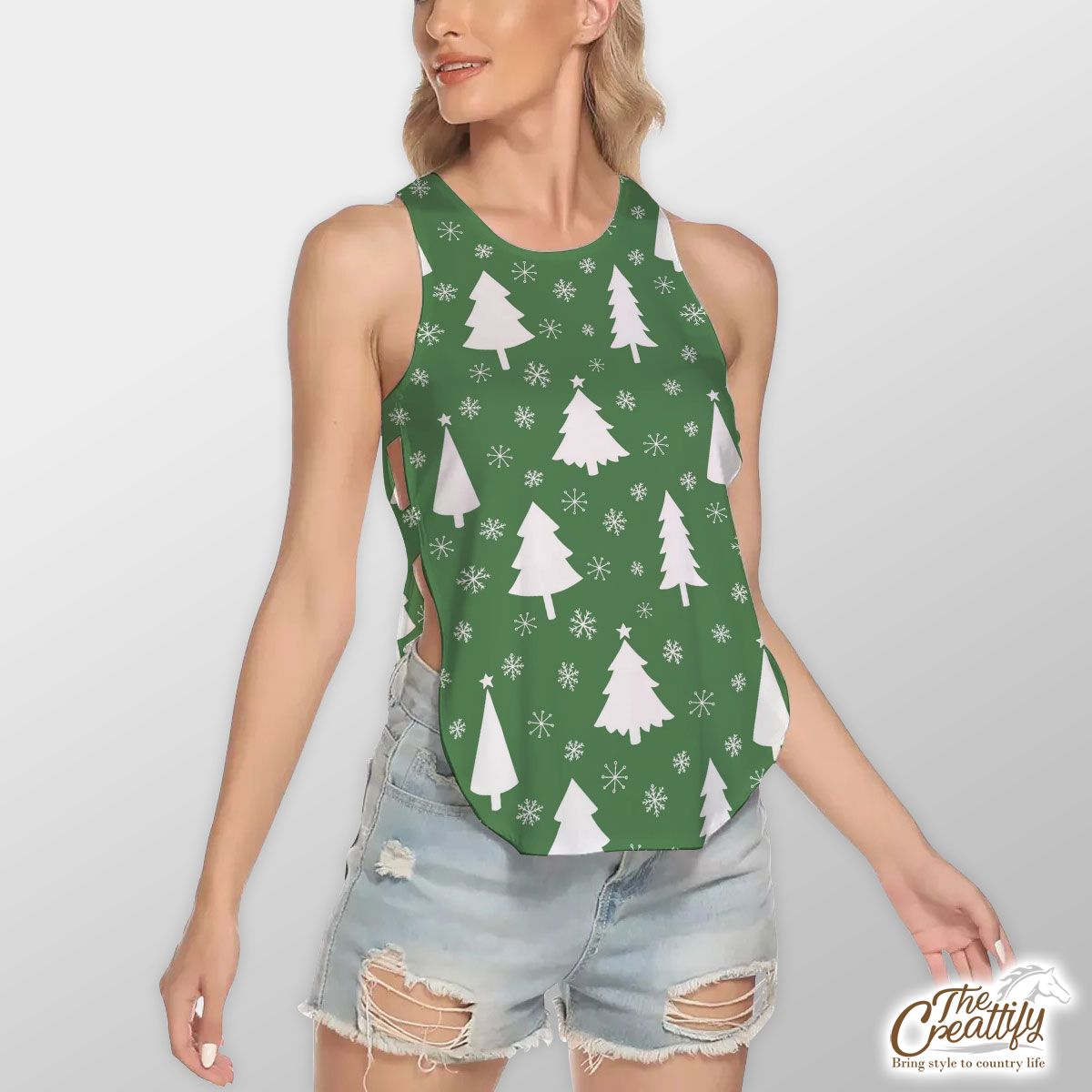 Green And White Christmas Tree With Snowflake Waist Hollow Yoga Vest