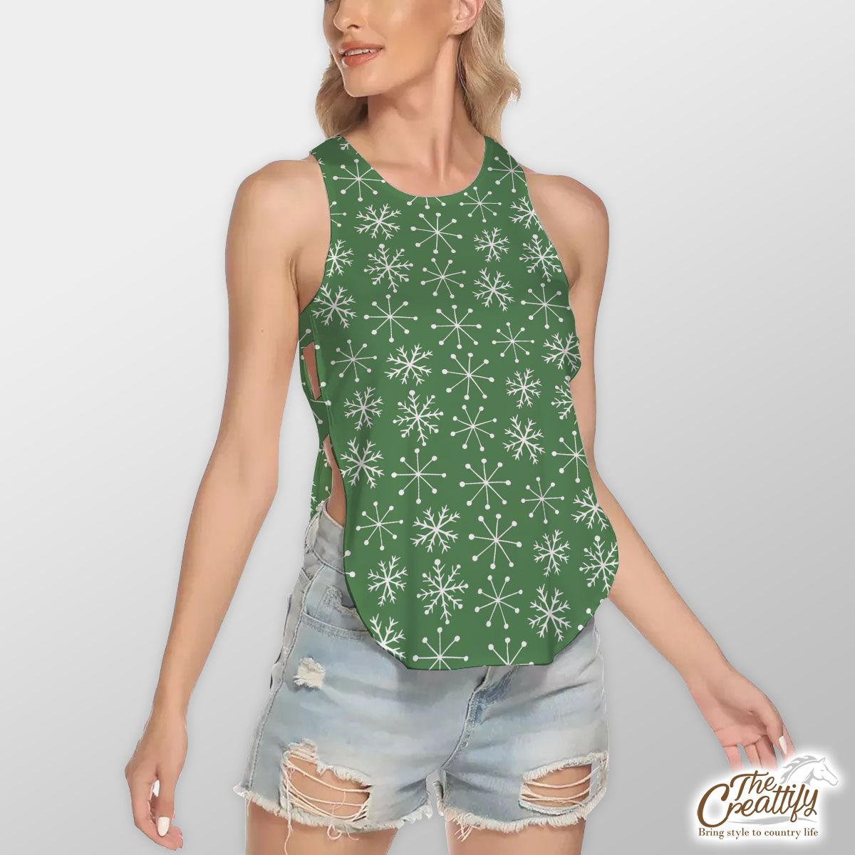 Green And White Snowflake Waist Hollow Yoga Vest