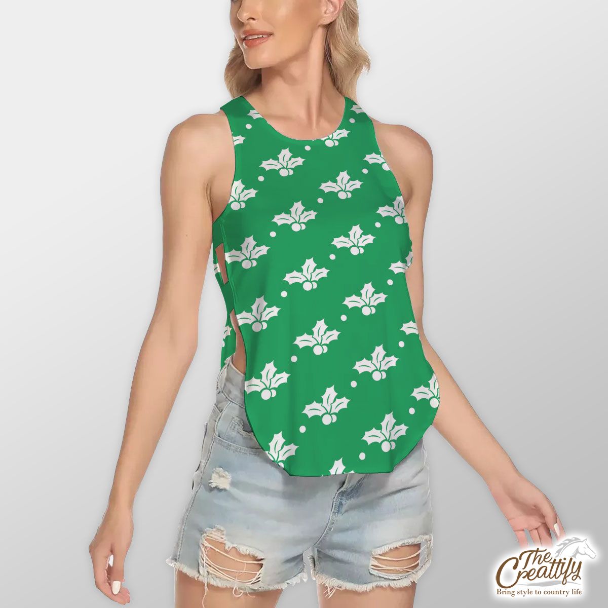 Holly Tree Pattern, Holly Leaf, American Holly Tree On Green Waist Hollow Yoga Vest