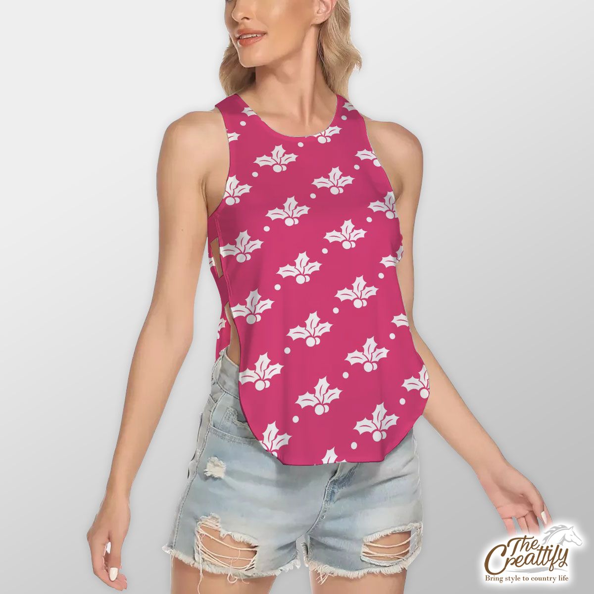 Pink And White Holly Leaf Waist Hollow Yoga Vest