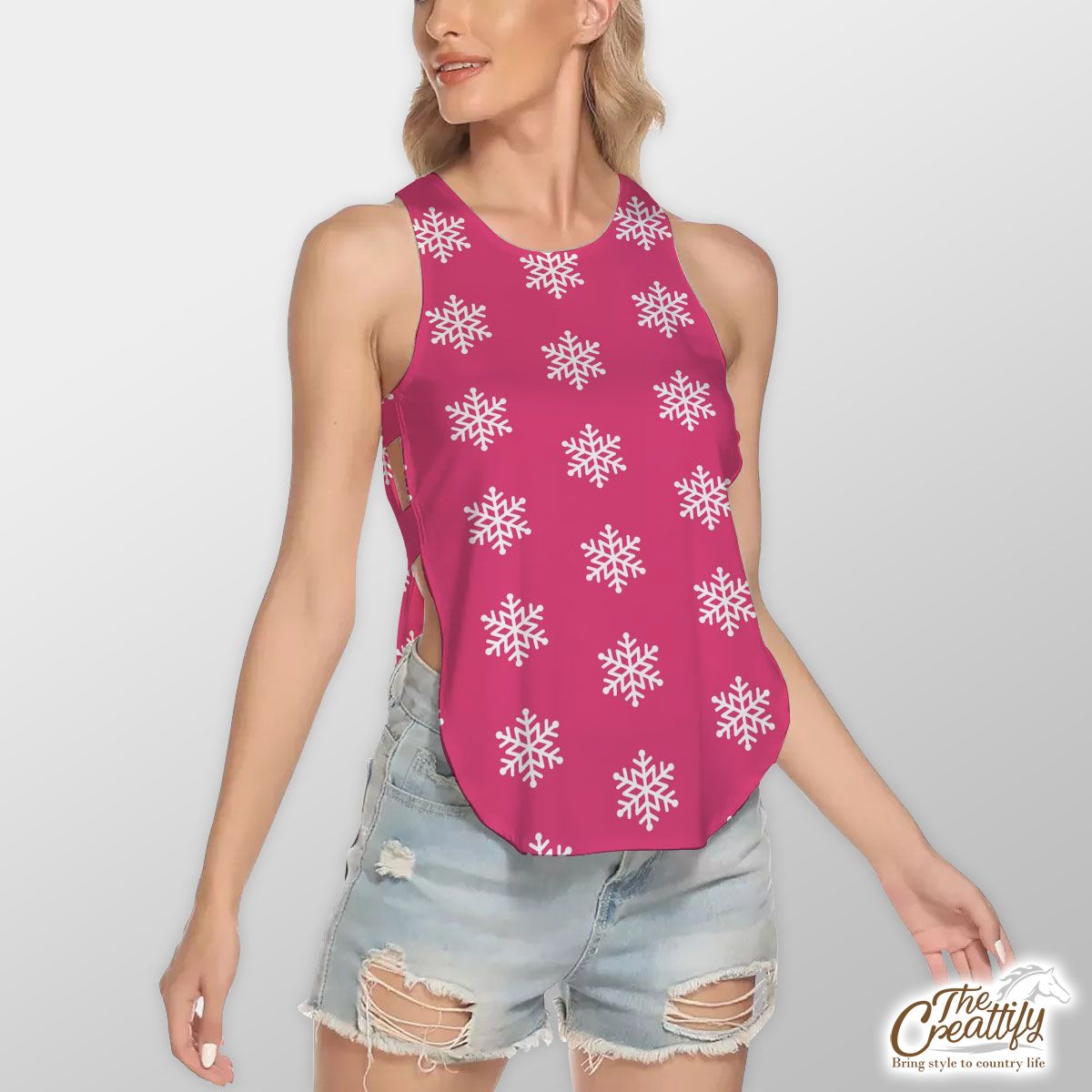 Pink And White Snowflake Waist Hollow Yoga Vest