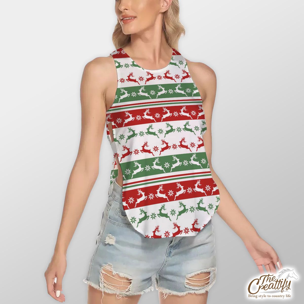 Red And Green Christmas Reindeer And Snowflake Waist Hollow Yoga Vest