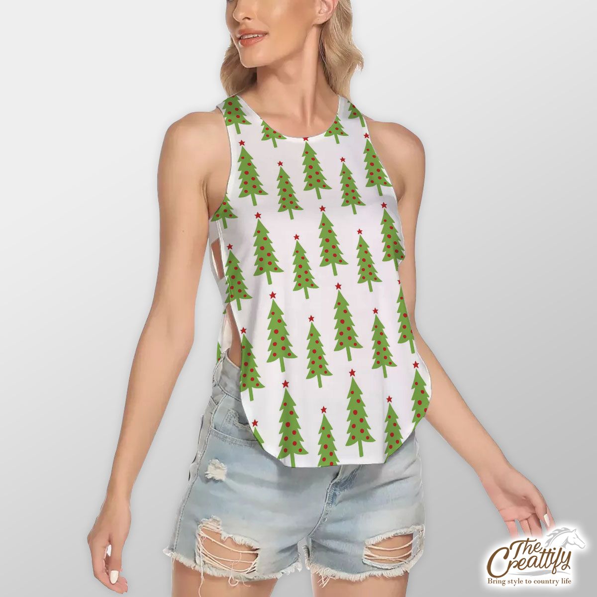 White And Green Christmas Tree Waist Hollow Yoga Vest
