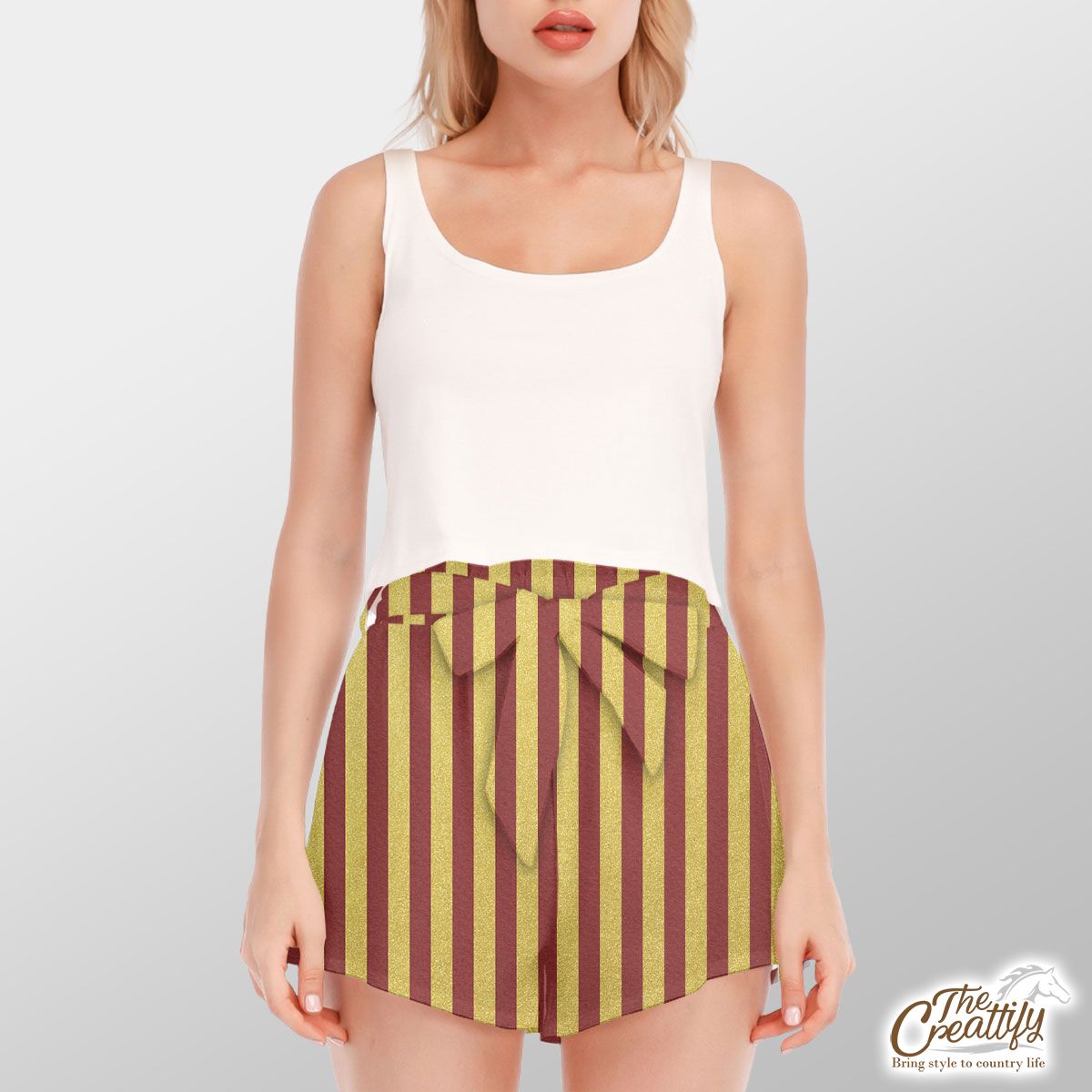 Christmas Gift Ideas, Christmas Gold, Gold Sparkle, Striped Gold On Red Waist Shorts