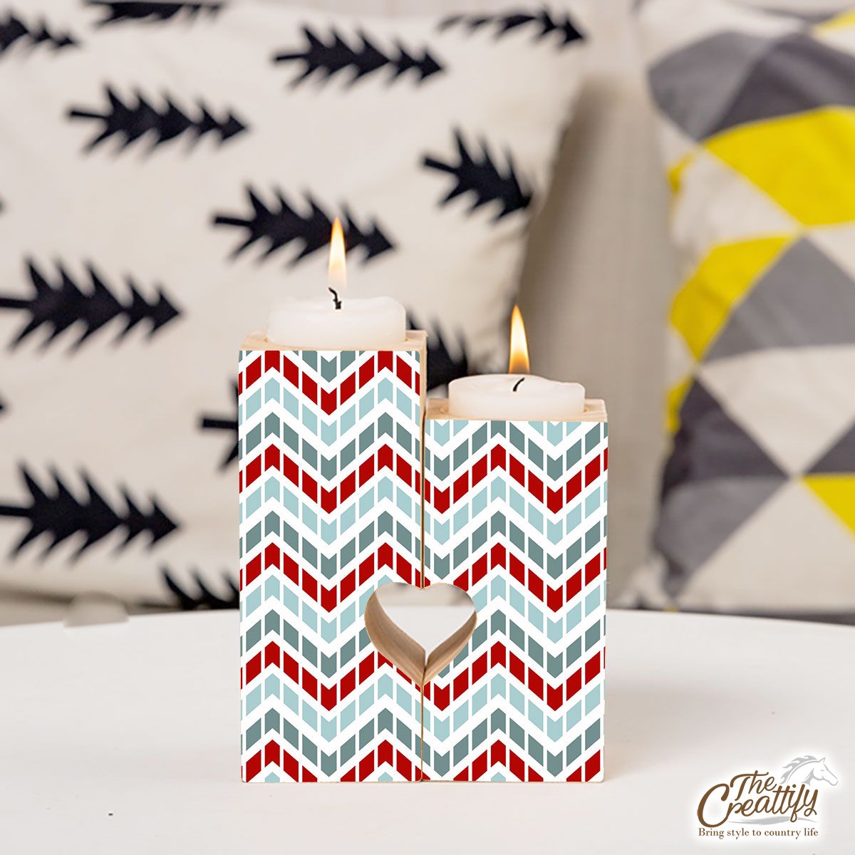 Blue And Red Zig Zag Stripe Heart Wooden Candlestick | Wooden