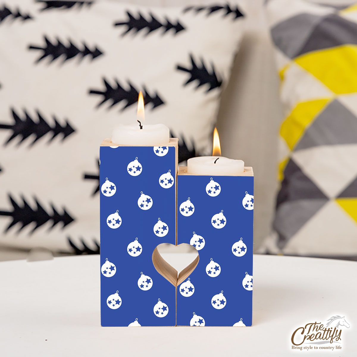 Christmas Balls On The Navy Blue Background Heart Wooden Candlestick | Wooden