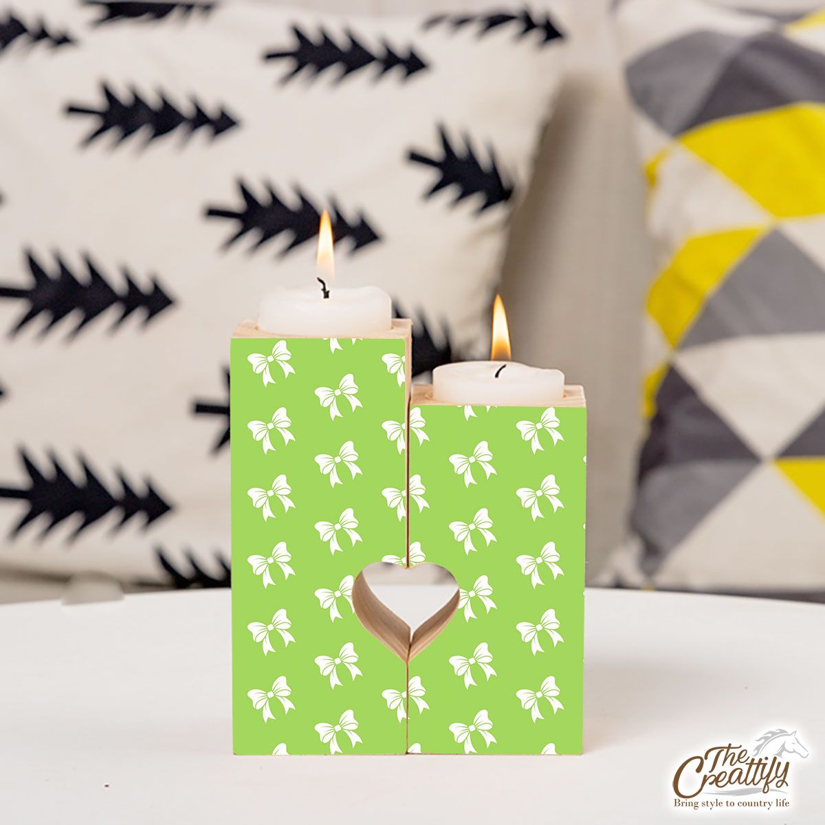 Christmas Bow, Christmas Tree Bows On The Green Background Heart Wooden Candlestick | Wooden