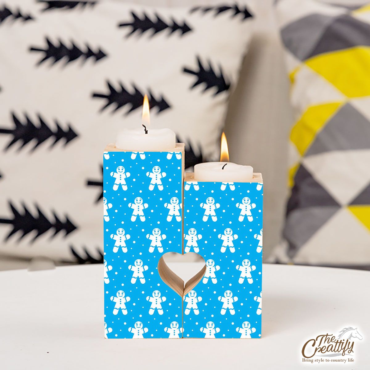 Christmas Gingerbread Man On The Blue Background Heart Wooden Candlestick | Wooden