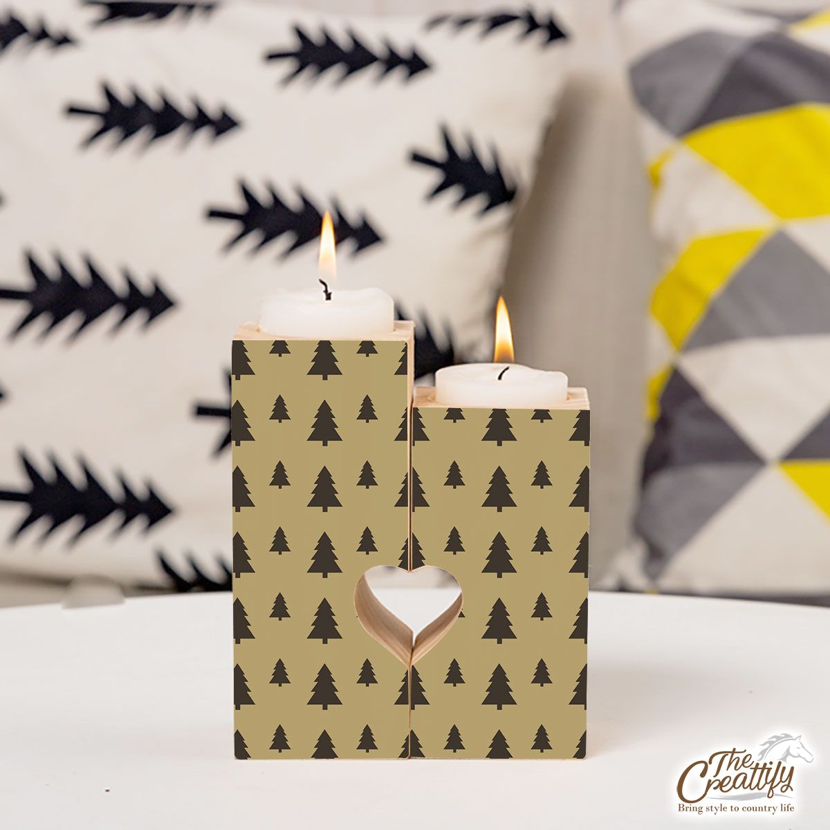 Christmas Pine Tree Silhouette On The Brown Background Heart Wooden Candlestick | Wooden