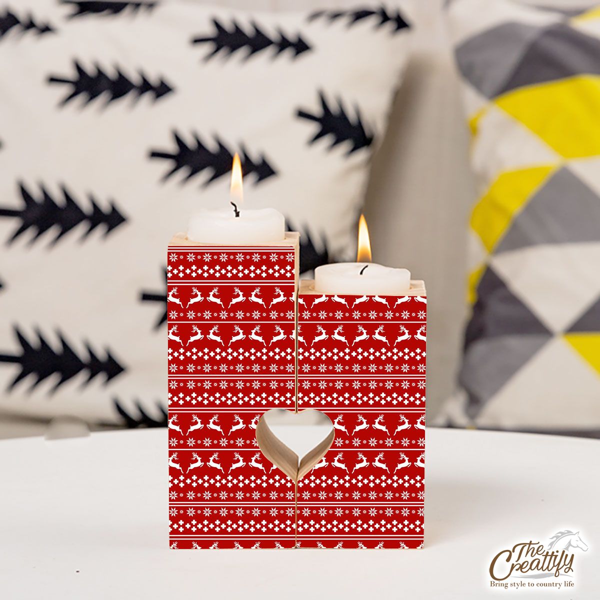 Christmas Reindeer, Snowflake Pattern Heart Wooden Candlestick | Wooden