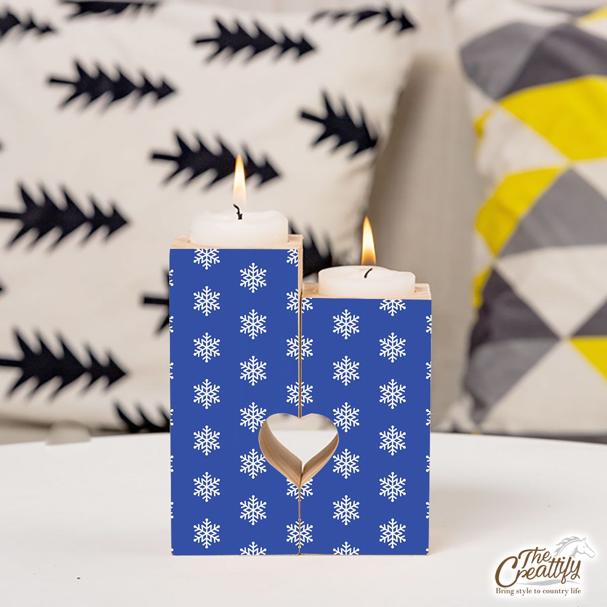 Christmas Snowflake Clipart On The Navy Blue Color Background Heart Wooden Candlestick | Wooden