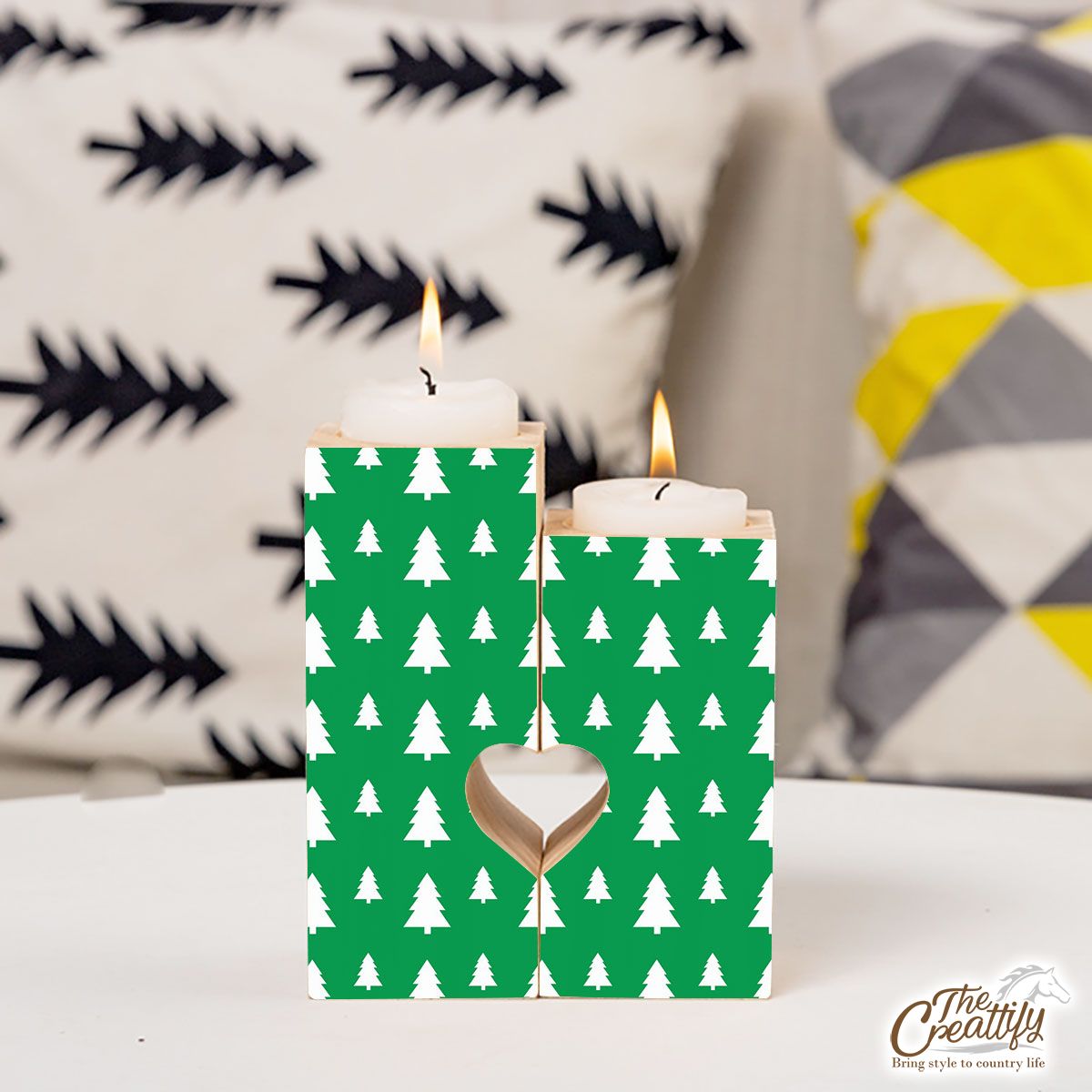 Christmas Tree, Christmas Tree Decorations, Pine Tree Pattern On Green 3 Heart Wooden Candlestick | Wooden