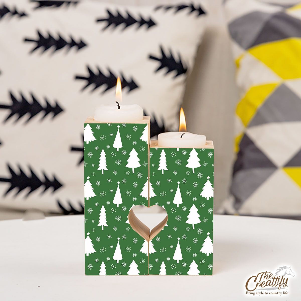 Green And White Christmas Tree With Snowflake Heart Wooden Candlestick | Wooden