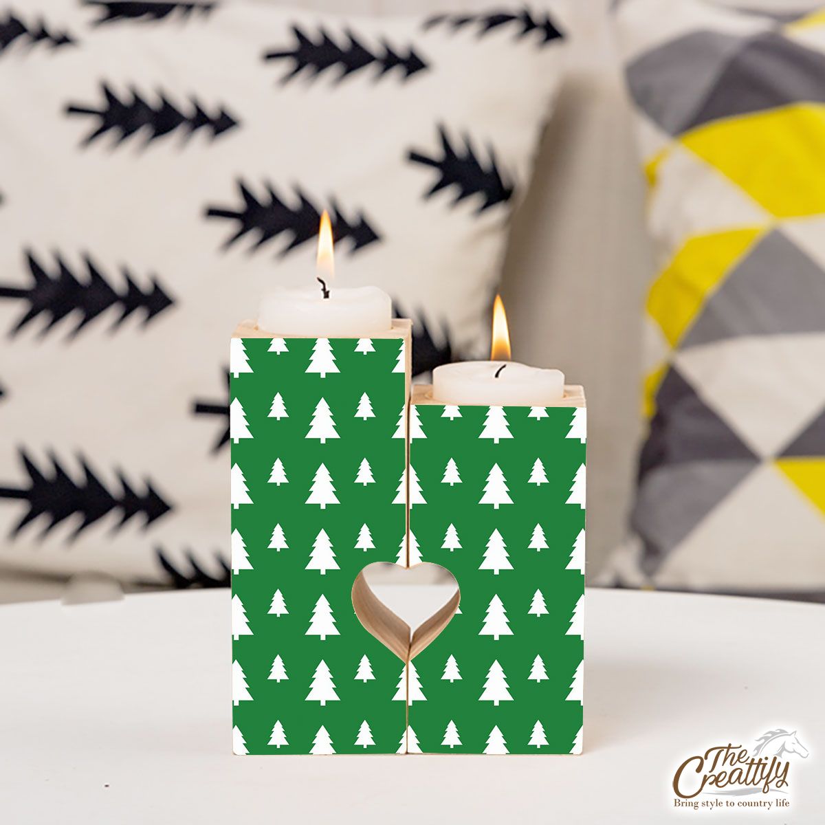 Green And White Christmas Tree Heart Wooden Candlestick | Wooden