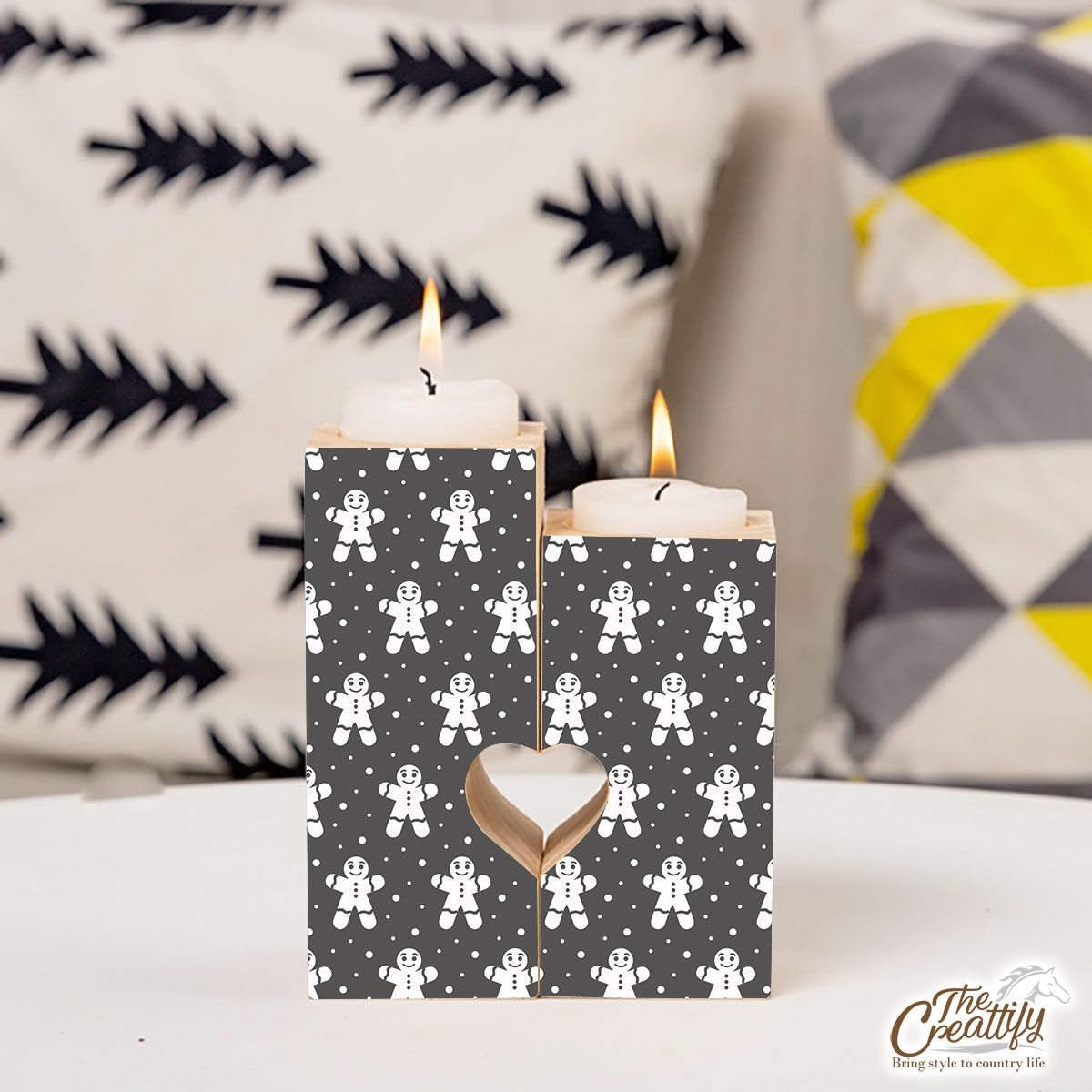 Grey And White Gingerbread Man Heart Wooden Candlestick | Wooden