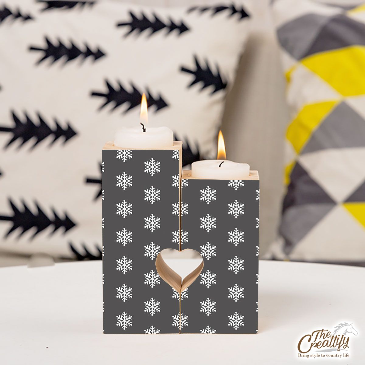 Grey And White Snowflake Heart Wooden Candlestick | Wooden
