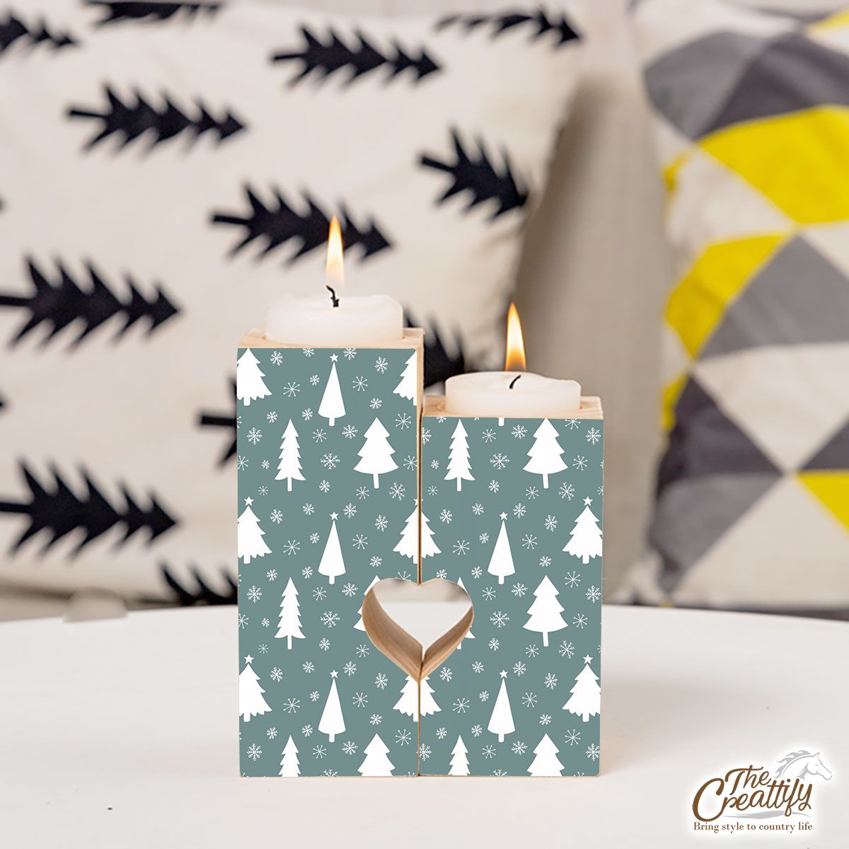 Pine Tree Sillhouette And Snowflake Seamless Pattern Heart Wooden Candlestick | Wooden