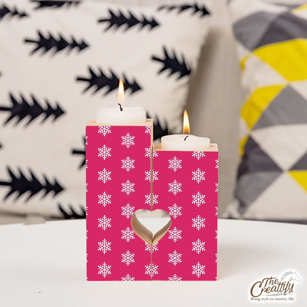 Pink And White Snowflake Heart Wooden Candlestick | Wooden