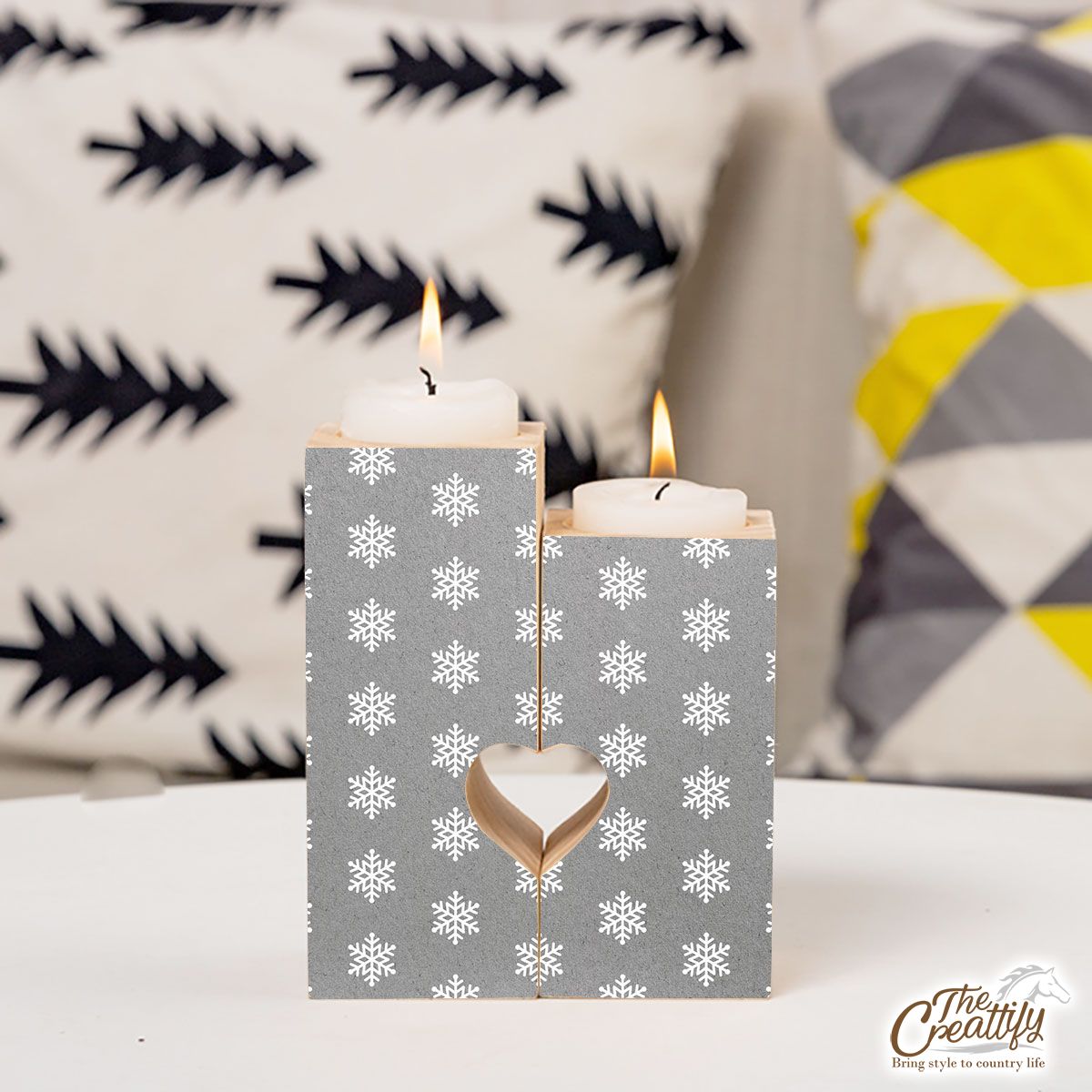 Snowflake Pattern, Christmas Snowflakes, Christmas Present Ideas On Grey Heart Wooden Candlestick | Wooden