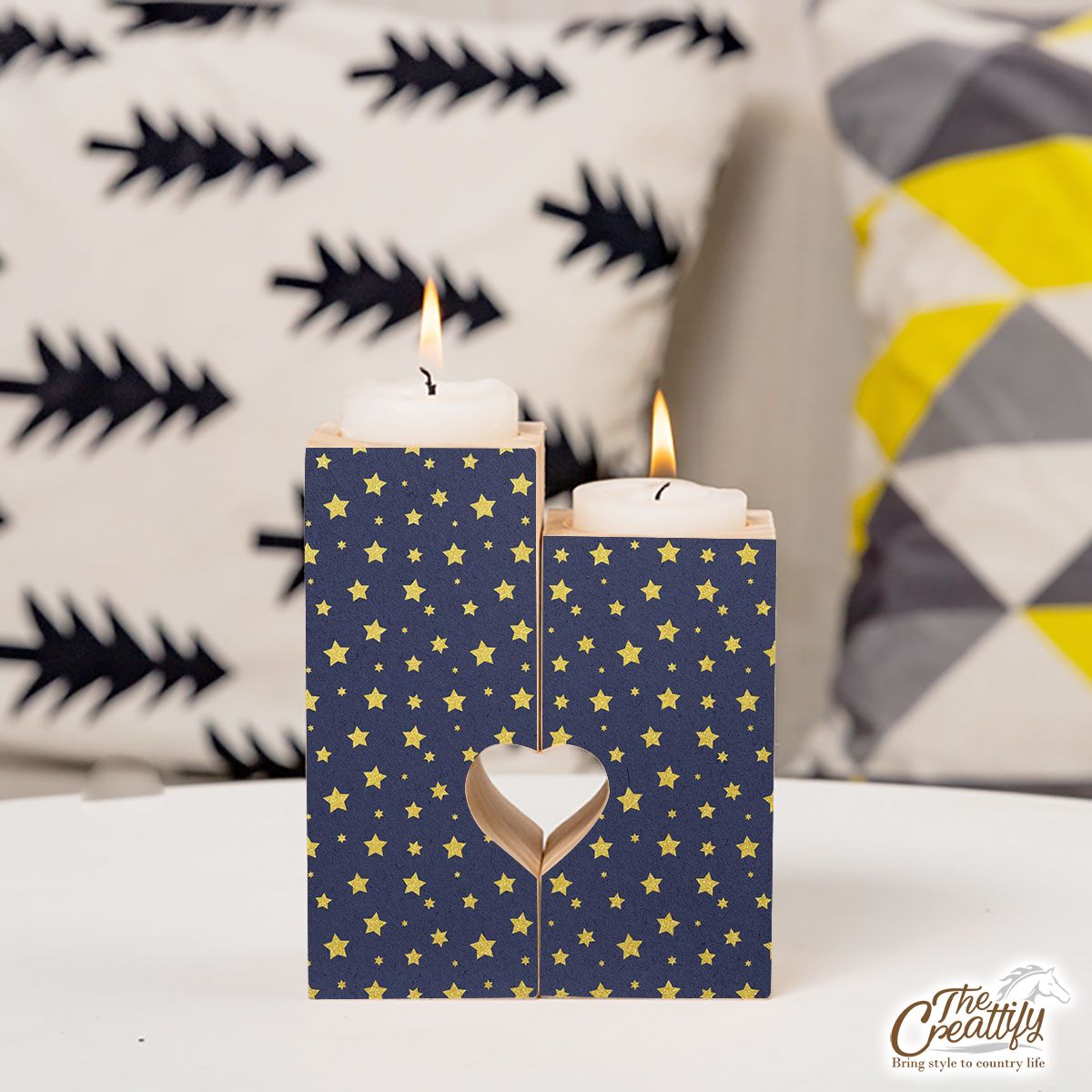 Star Sparkling Golden For Night Christmas, Christmas Gift Ideas Heart Wooden Candlestick | Wooden