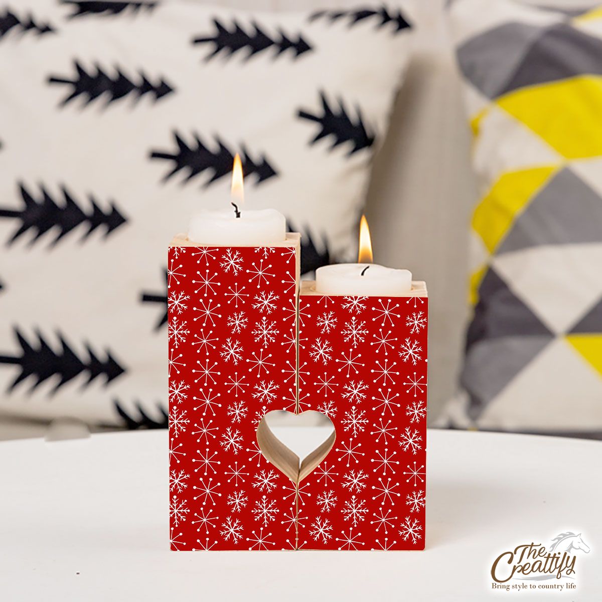 White Snowflake Seamless Pattern 2 Heart Wooden Candlestick | Wooden