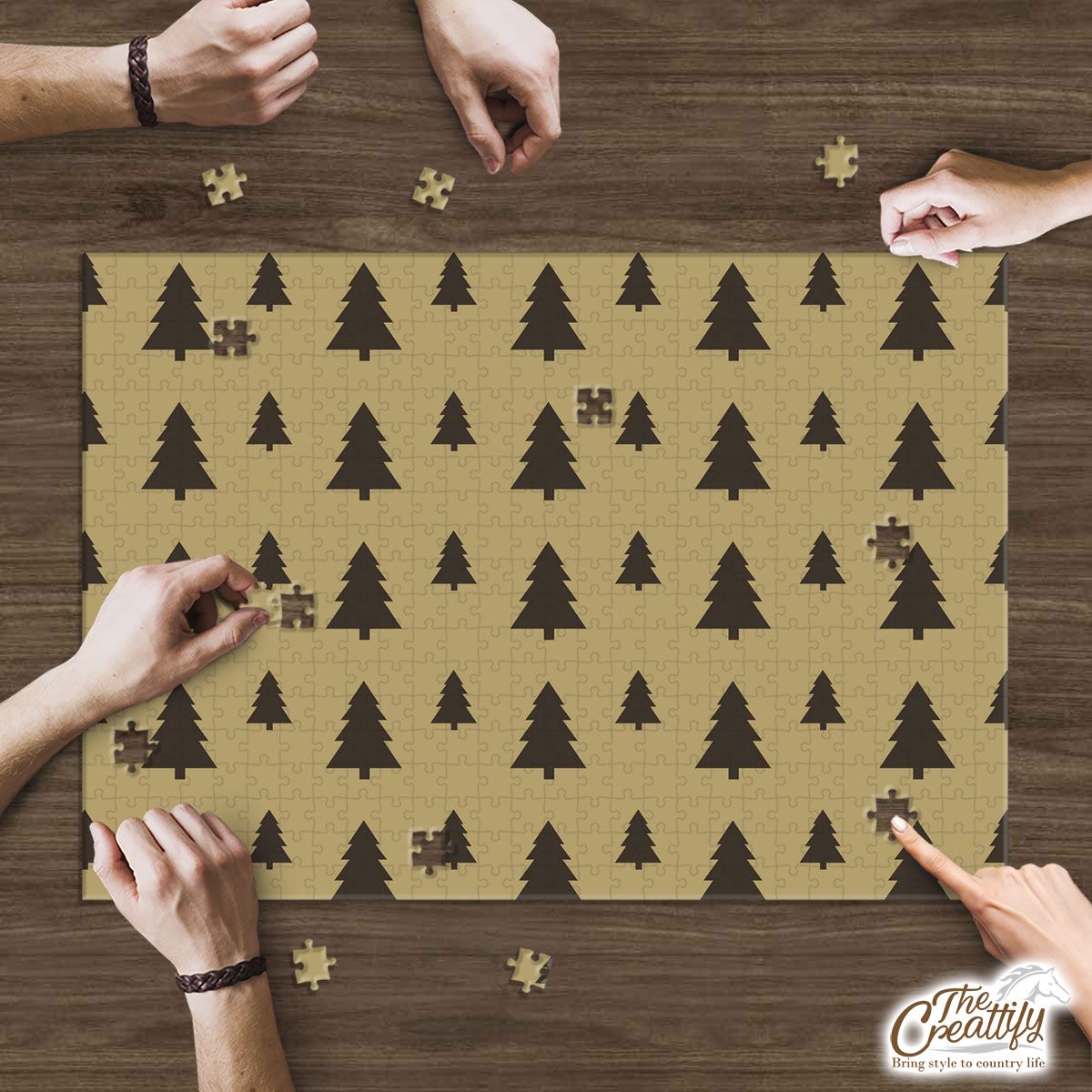Christmas Pine Tree Silhouette On The Brown Background Puzzle