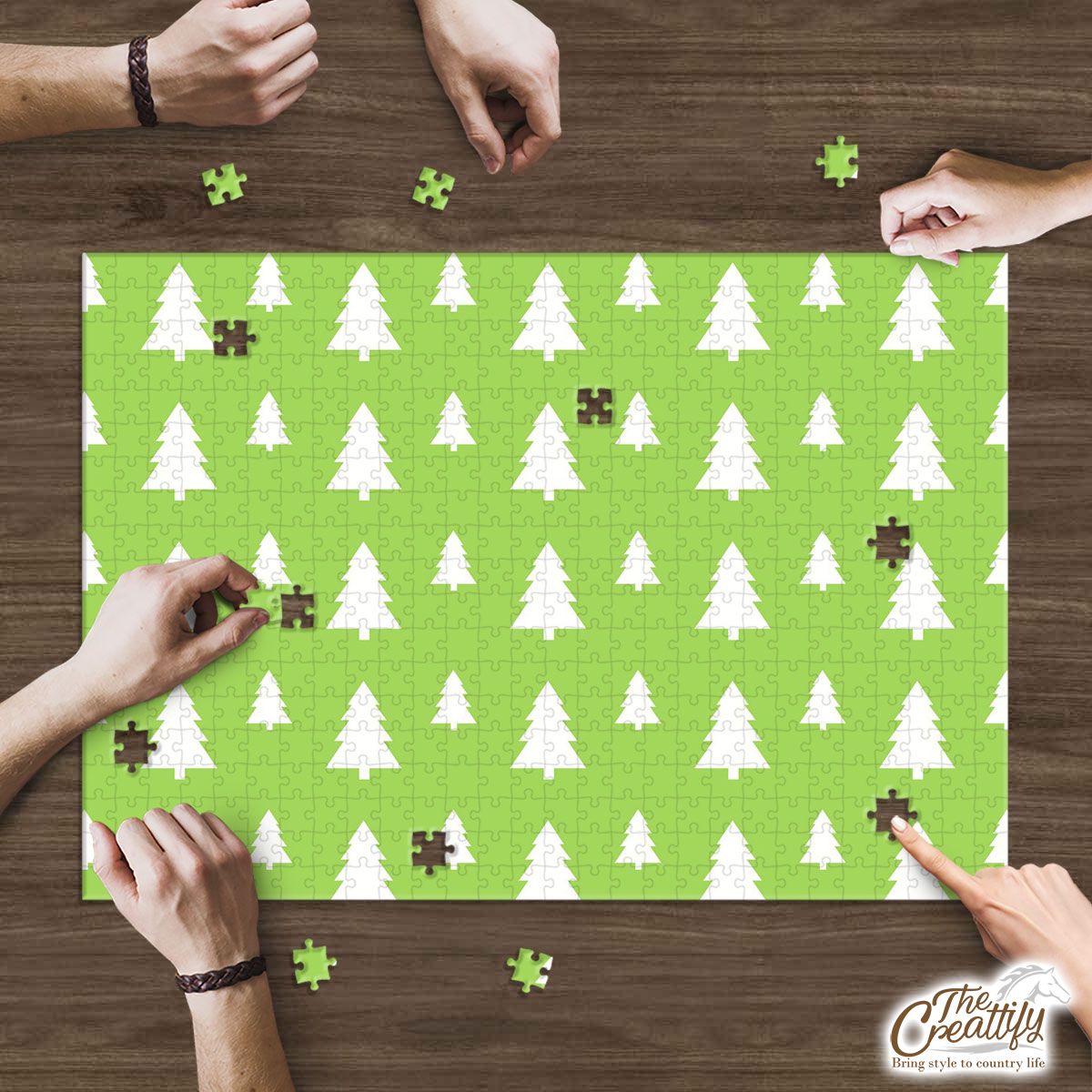 Christmas Pine Tree Silhouette On The Green Background Puzzle