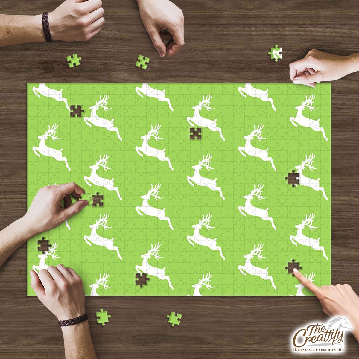 Christmas Reindeer On The Green Background Puzzle