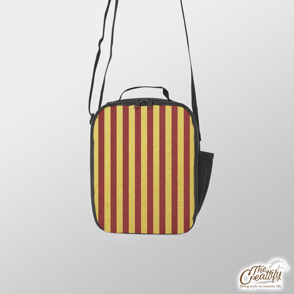 Christmas Gift Ideas, Christmas Gold, Gold Sparkle, Striped Gold On Red Lunch Box Bag