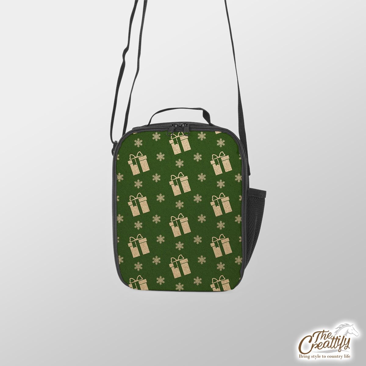 Christmas Presents And Snowflakes Seamless Pattern Green Background Lunch Box Bag