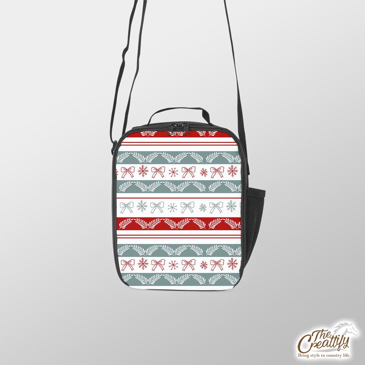 Holly Leaf, Snowflake, Red Christmas Bow Lunch Box Bag