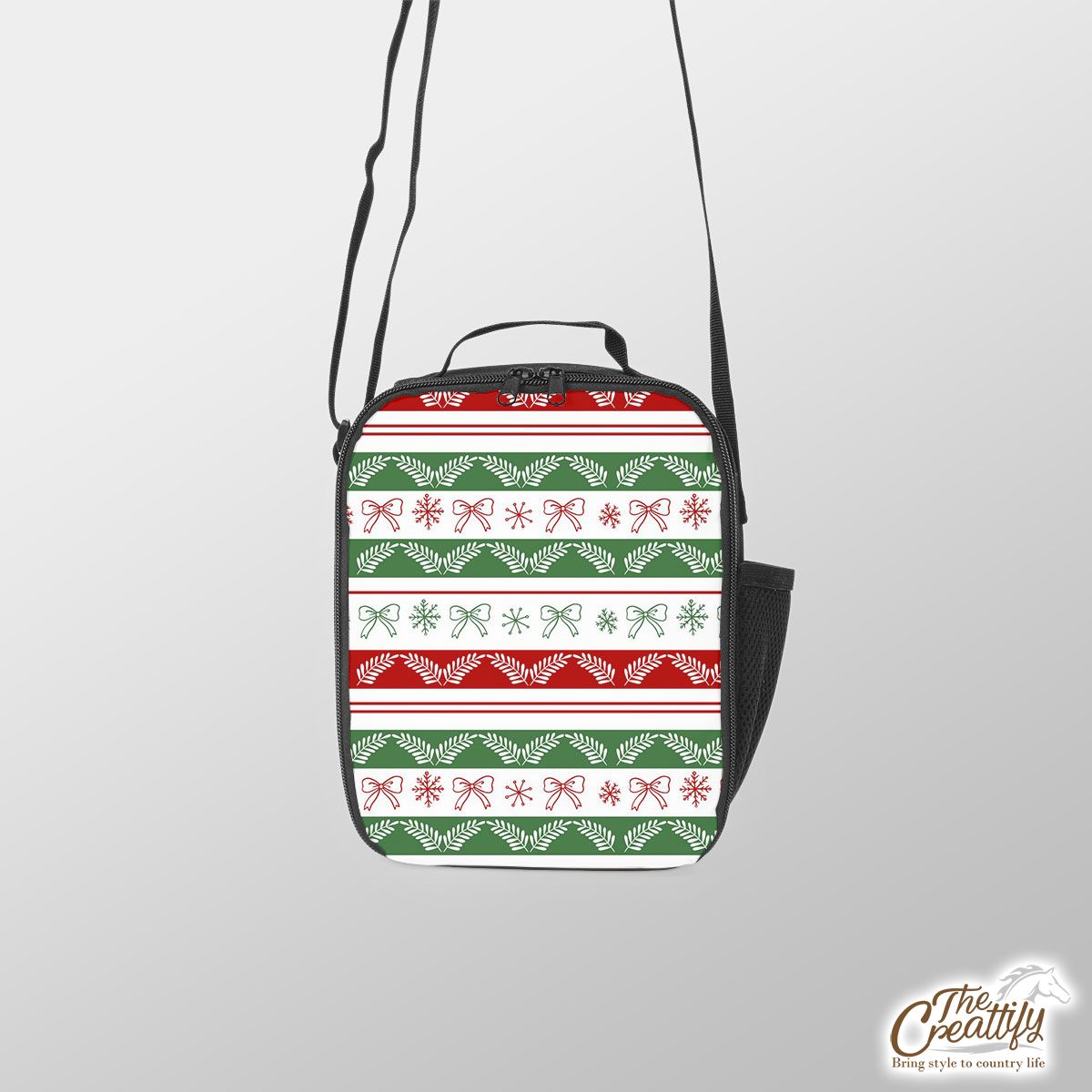 Red And Green Christmas Bow And Snowflake Lunch Box Bag