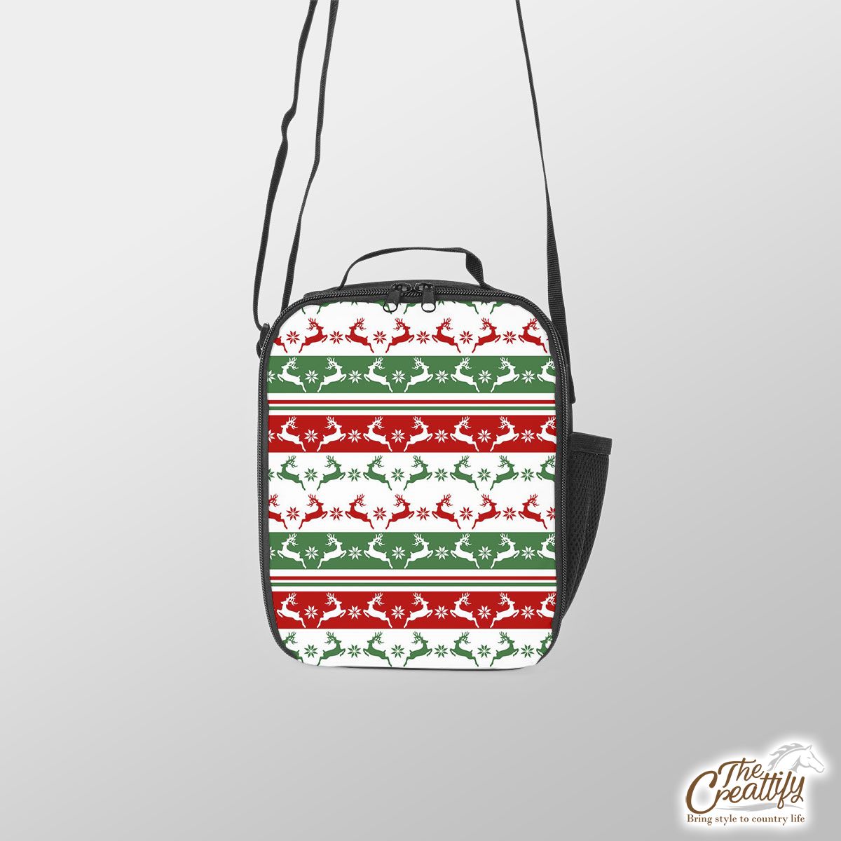 Red And Green Christmas Reindeer And Snowflake Lunch Box Bag