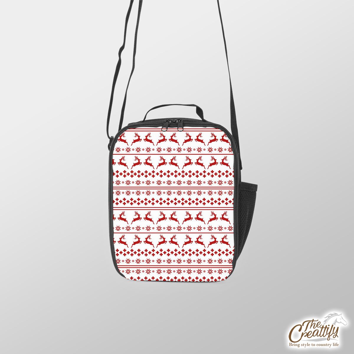 Red And White Christmas Reindeer And Snowflake Lunch Box Bag