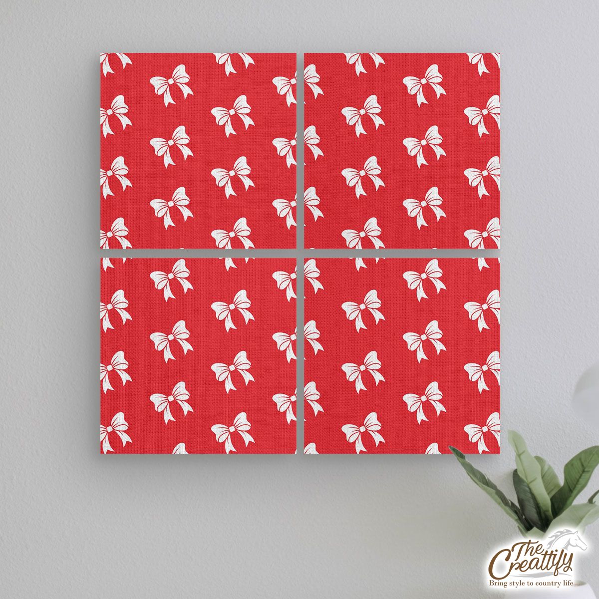 Christmas Bow, Christmas Tree Bows On Red  2 Mural With Frame