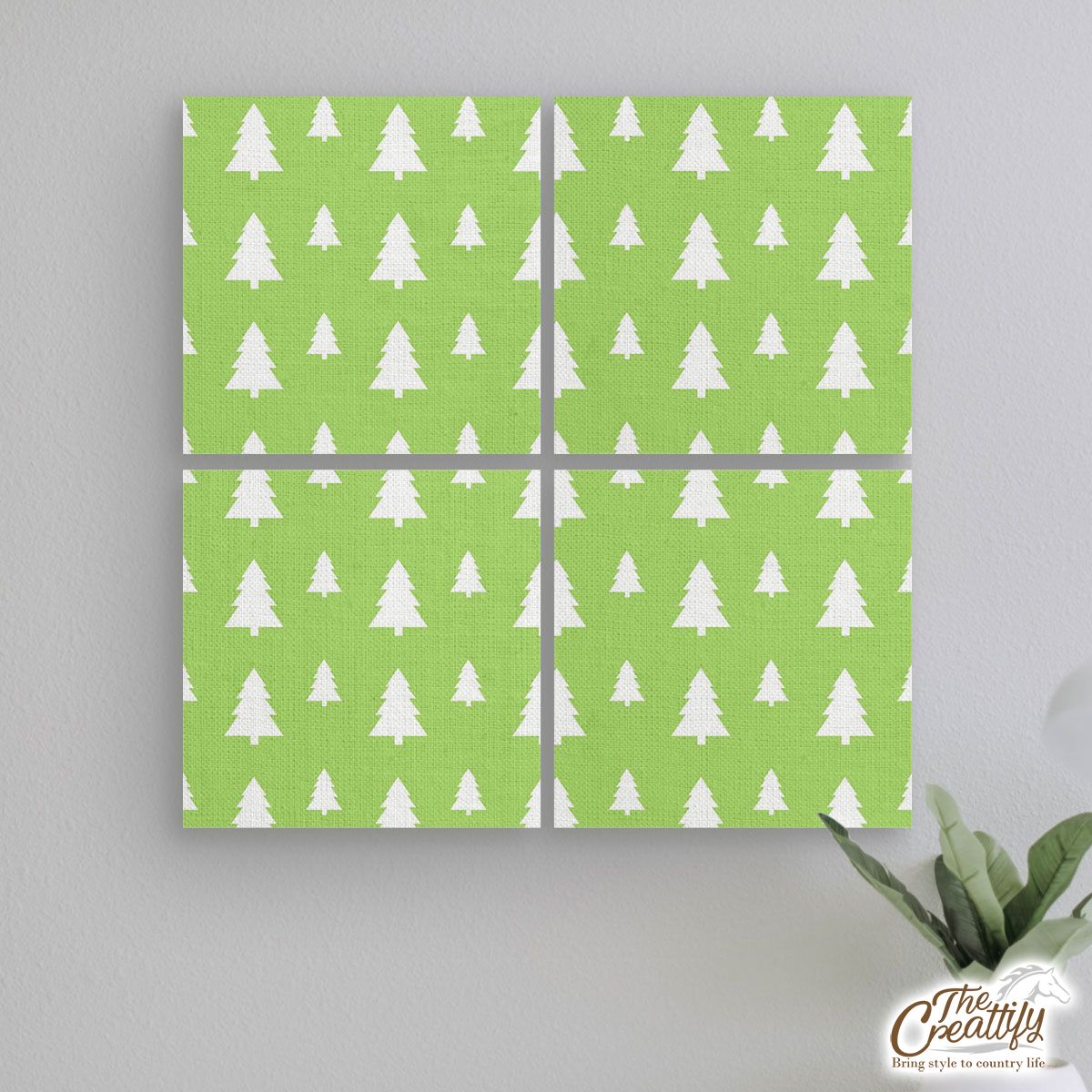 Christmas Pine Tree Silhouette On The Green Background Mural With Frame