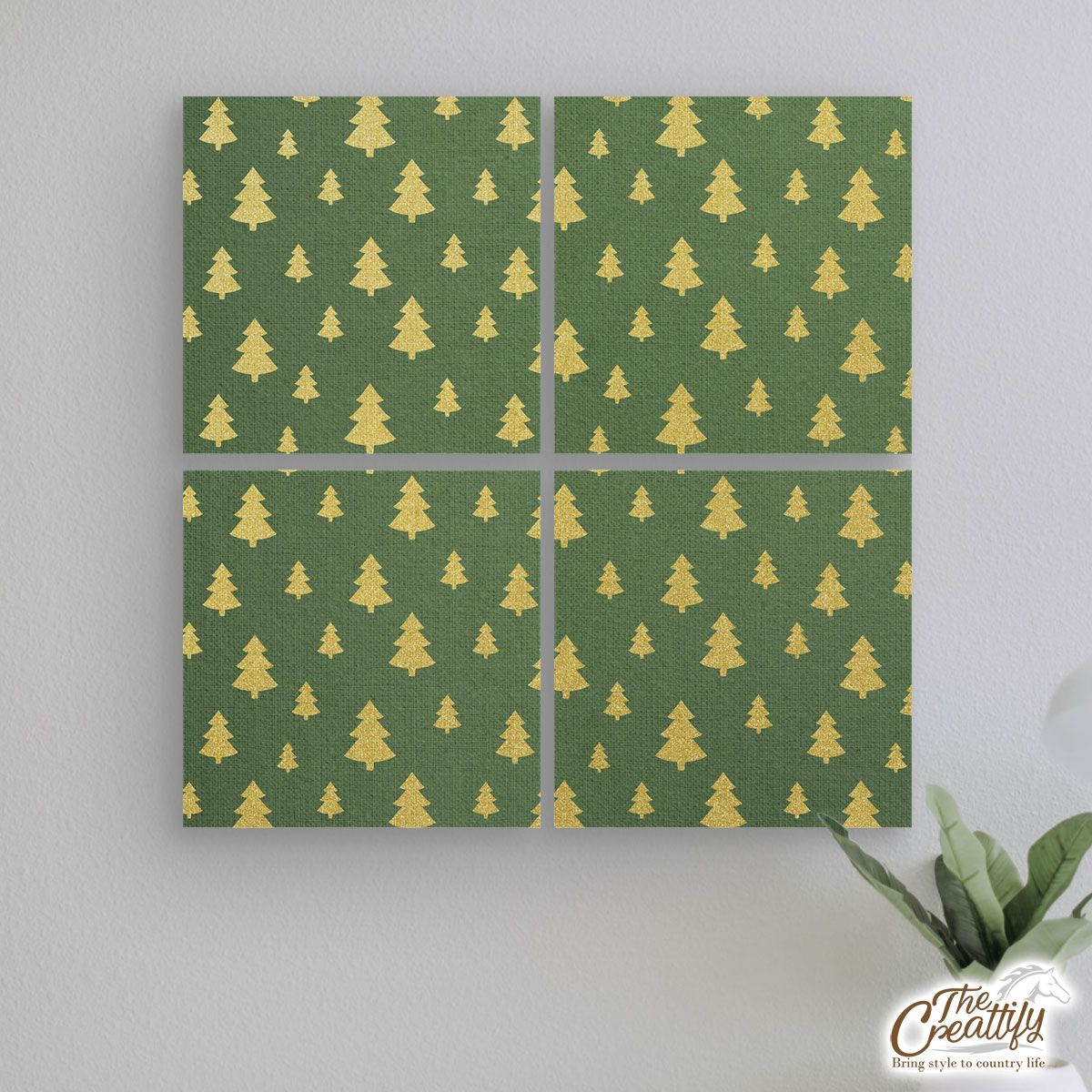 Christmas Tree, Christmas Tree Decorations, Pine Tree Pattern On Green Mural With Frame