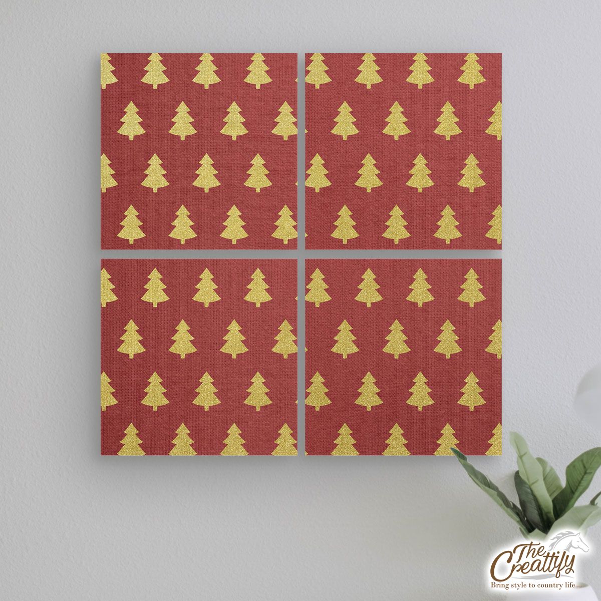 Christmas Tree, Christmas Tree Decorations, Pine Tree Pattern On Red Mural With Frame