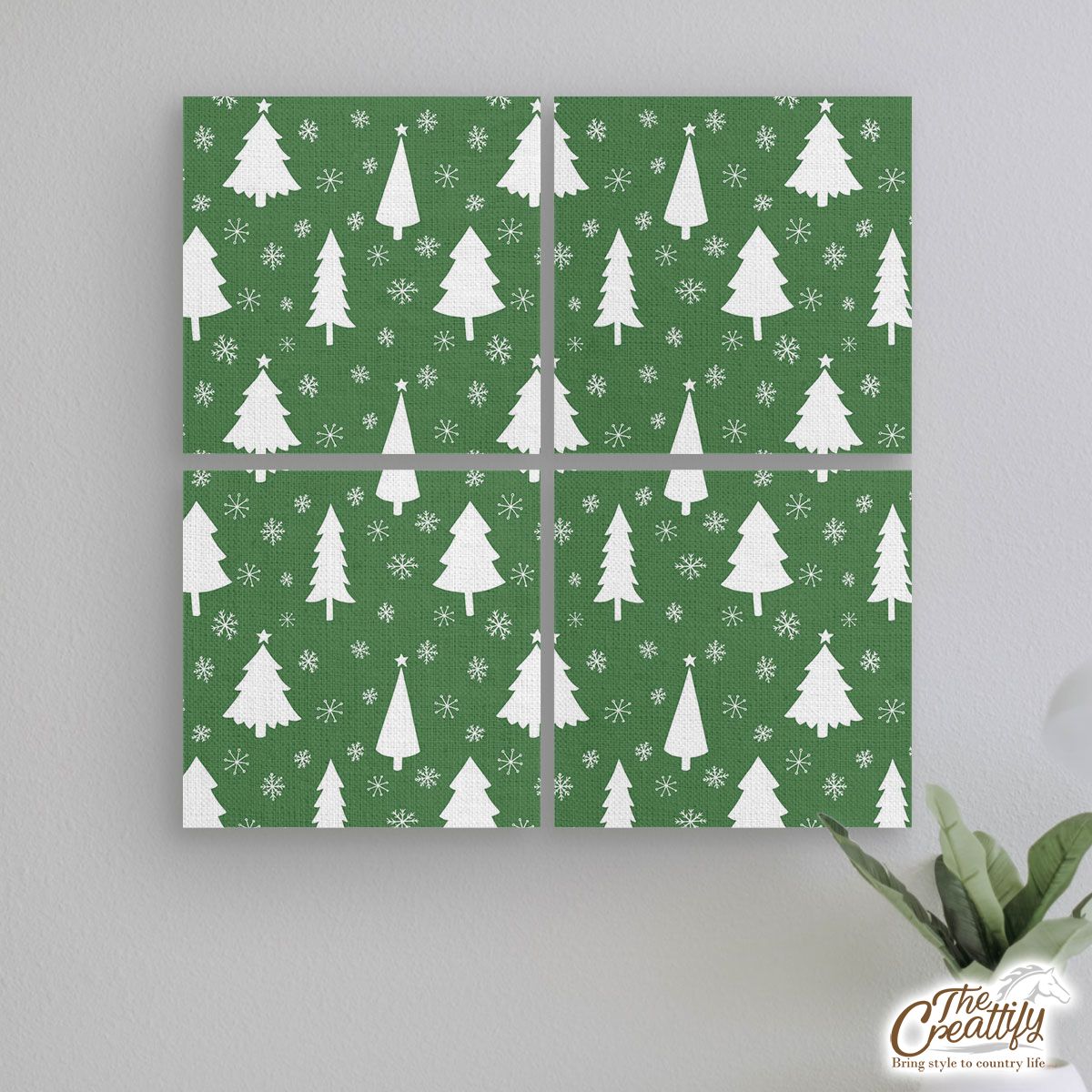 Green And White Christmas Tree With Snowflake Mural With Frame