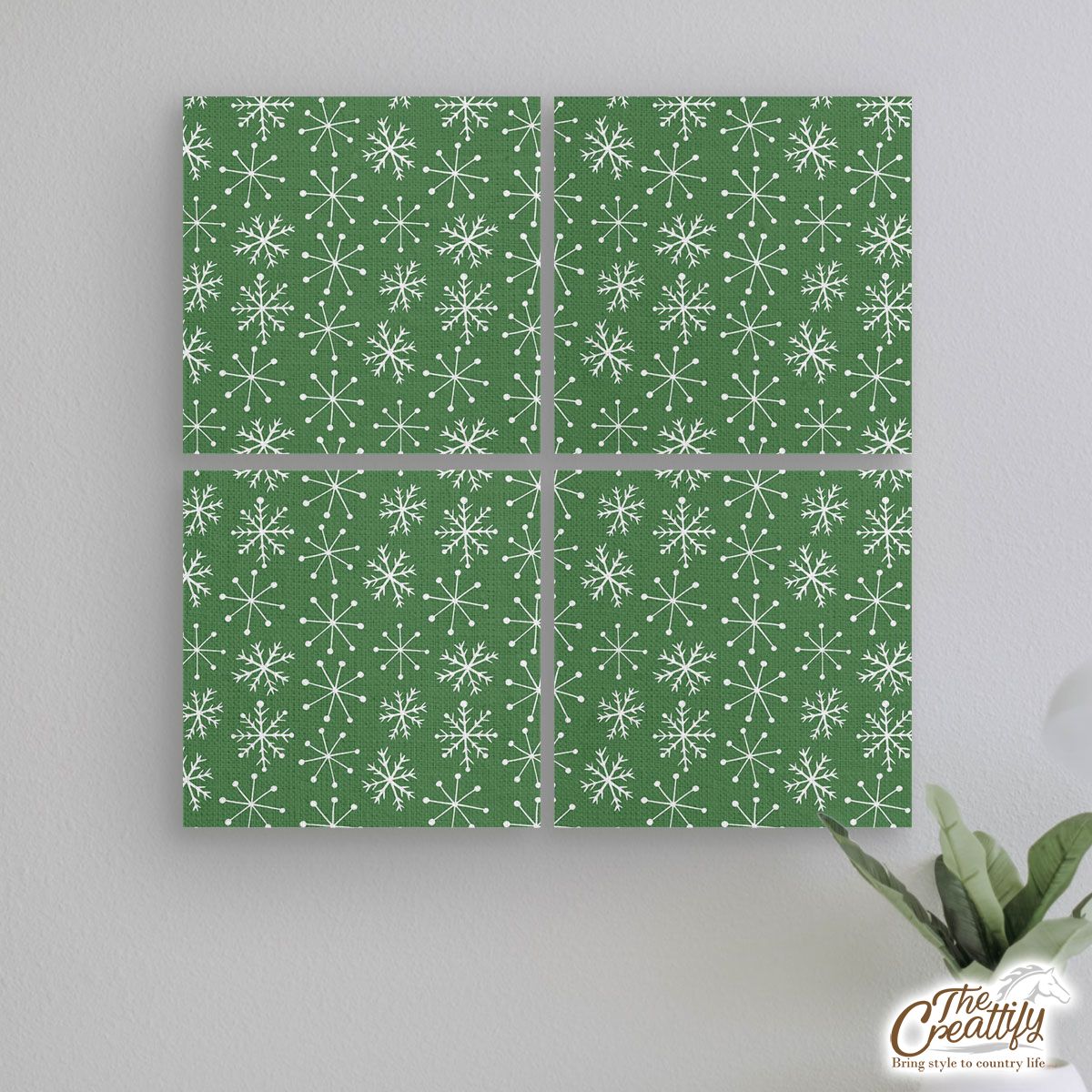 Green And White Snowflake Mural With Frame