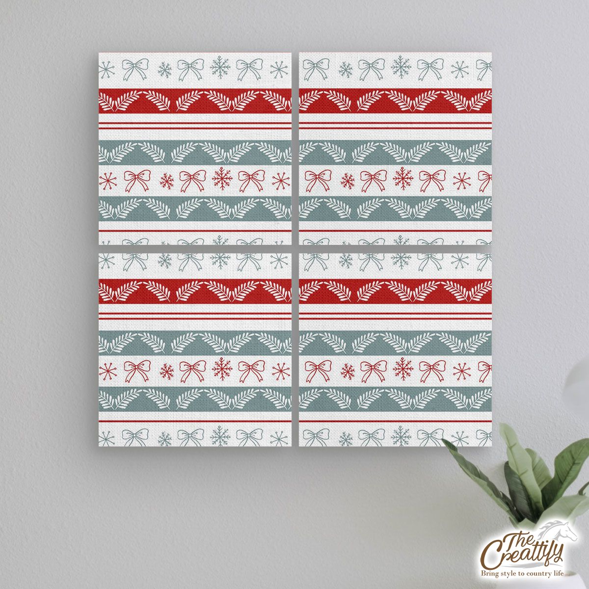 Holly Leaf, Snowflake, Red Christmas Bow Mural With Frame