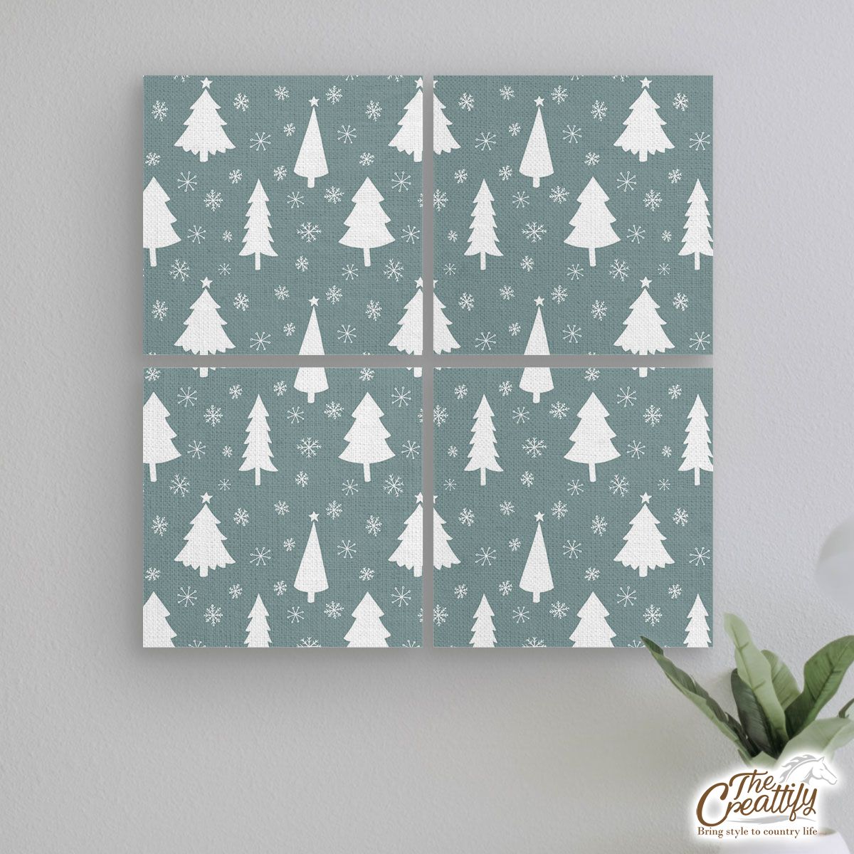Pine Tree Sillhouette And Snowflake Seamless Pattern Mural With Frame