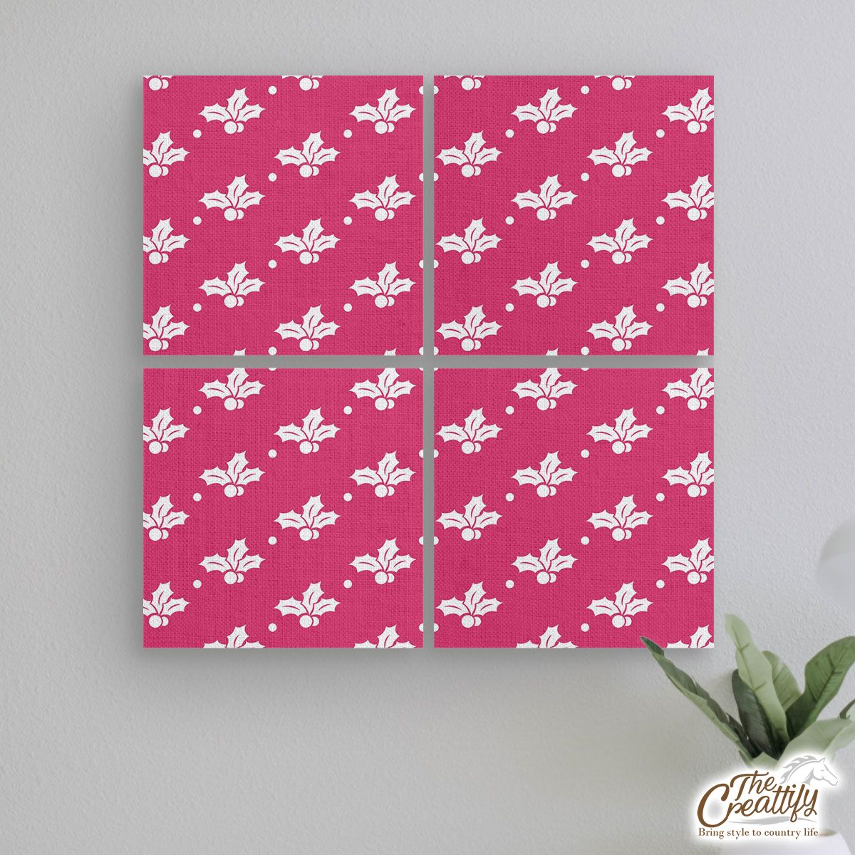 Pink And White Holly Leaf Mural With Frame