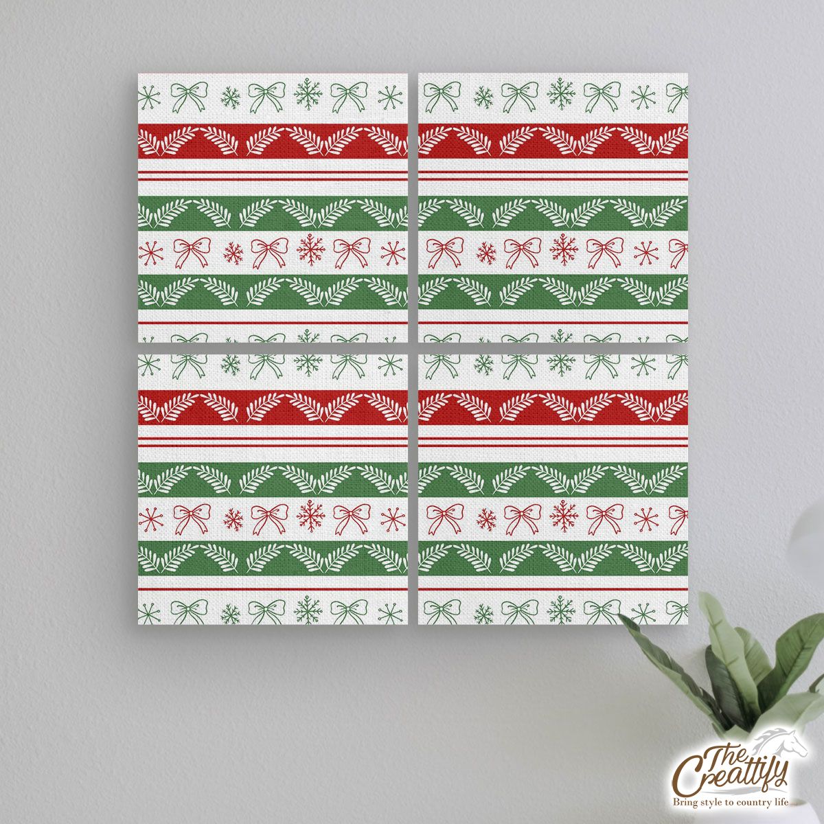 Red And Green Christmas Bow And Snowflake Mural With Frame