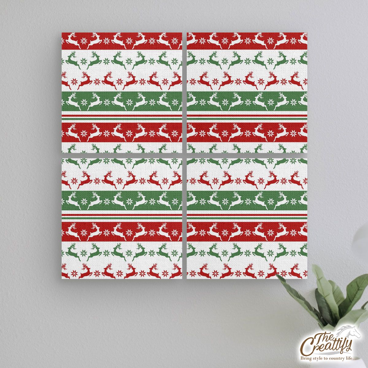 Red And Green Christmas Reindeer And Snowflake Mural With Frame