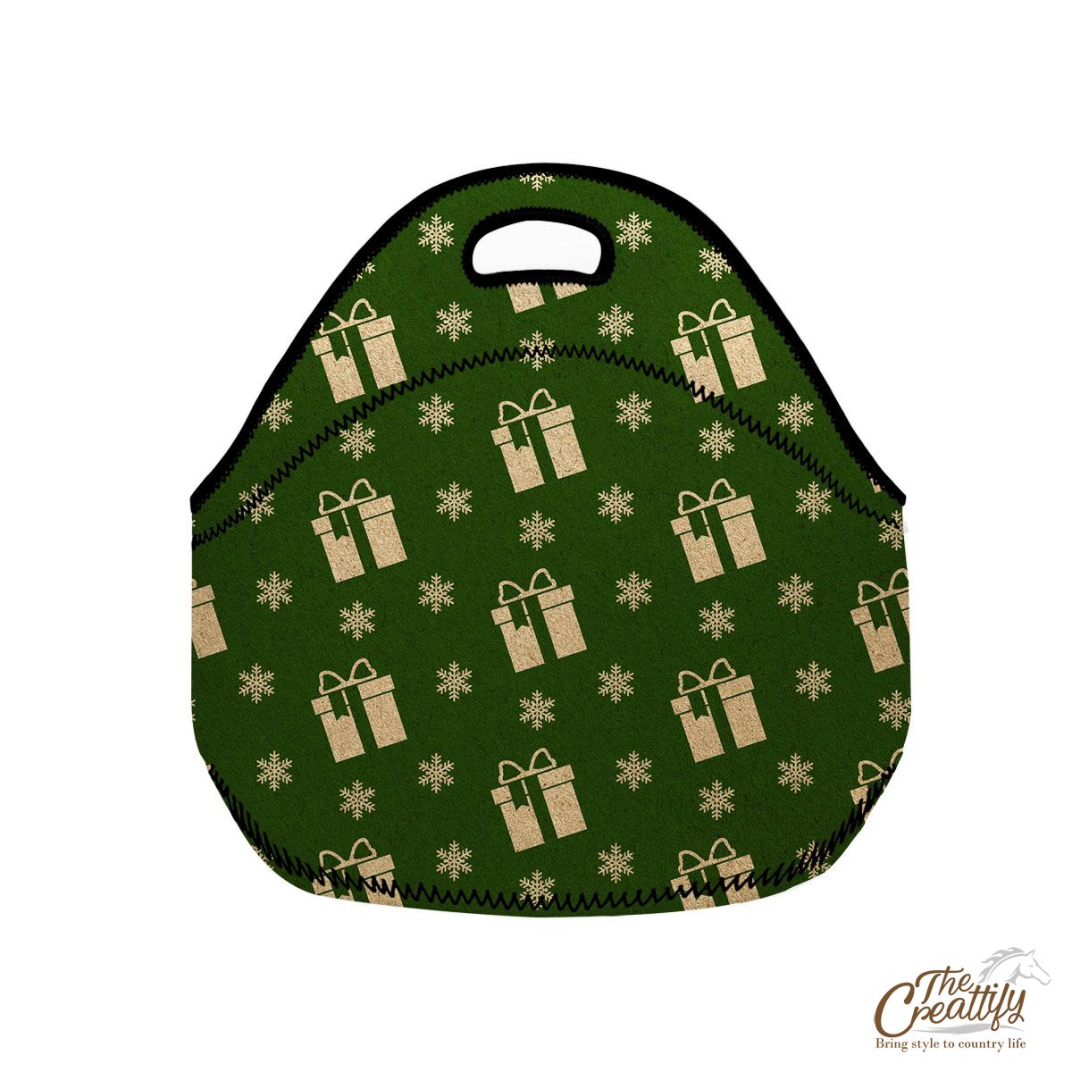 Christmas Presents And Snowflakes Seamless Pattern Green Background Neoprene Lunch Bags