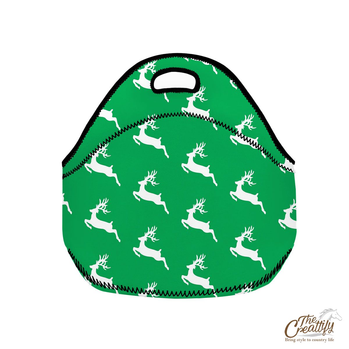 Christmas Reindeer, Santas Reindeer, Reindeer On Green Neoprene Lunch Bags