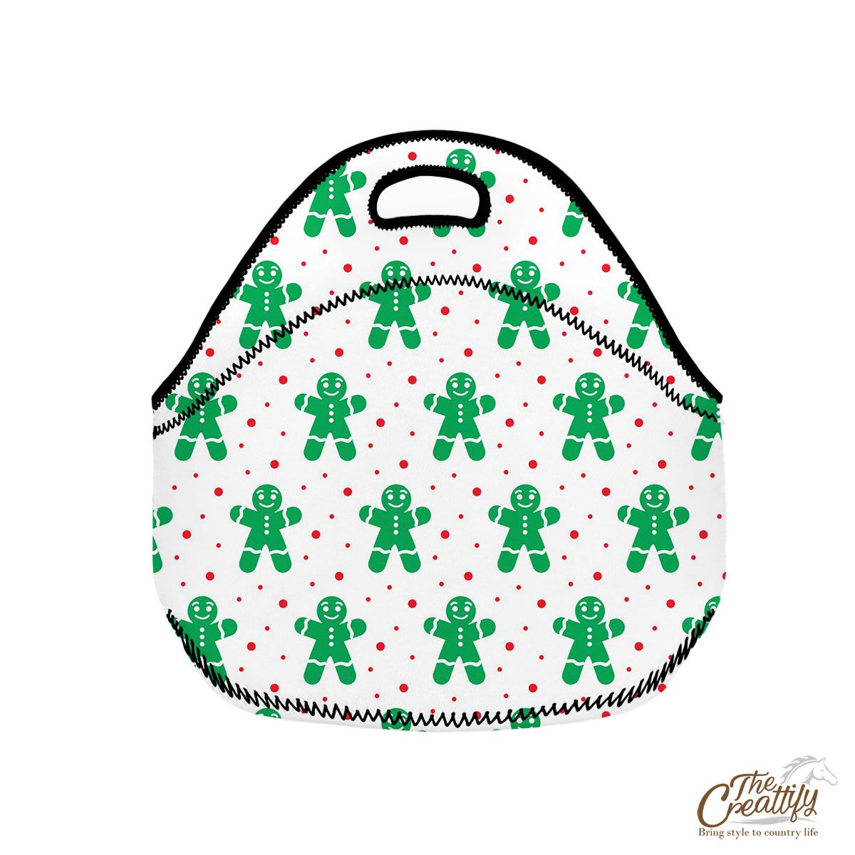 Gingerbread Man Cookies, Christmas Gingerbread Green With Snowflake Background White Neoprene Lunch Bags