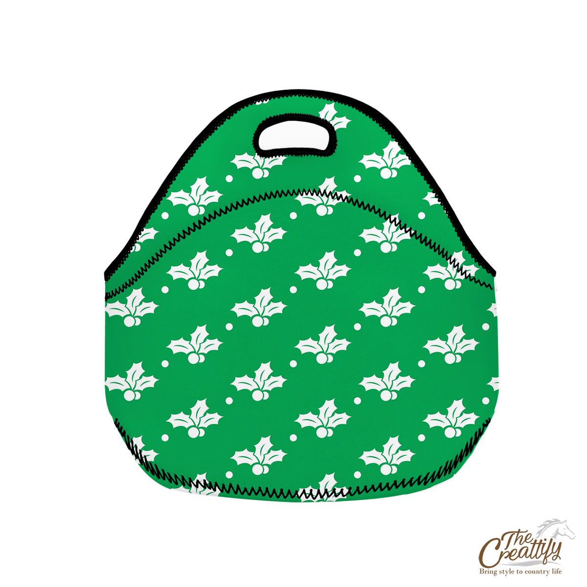 Holly Tree Pattern, Holly Leaf, American Holly Tree On Green Neoprene Lunch Bags